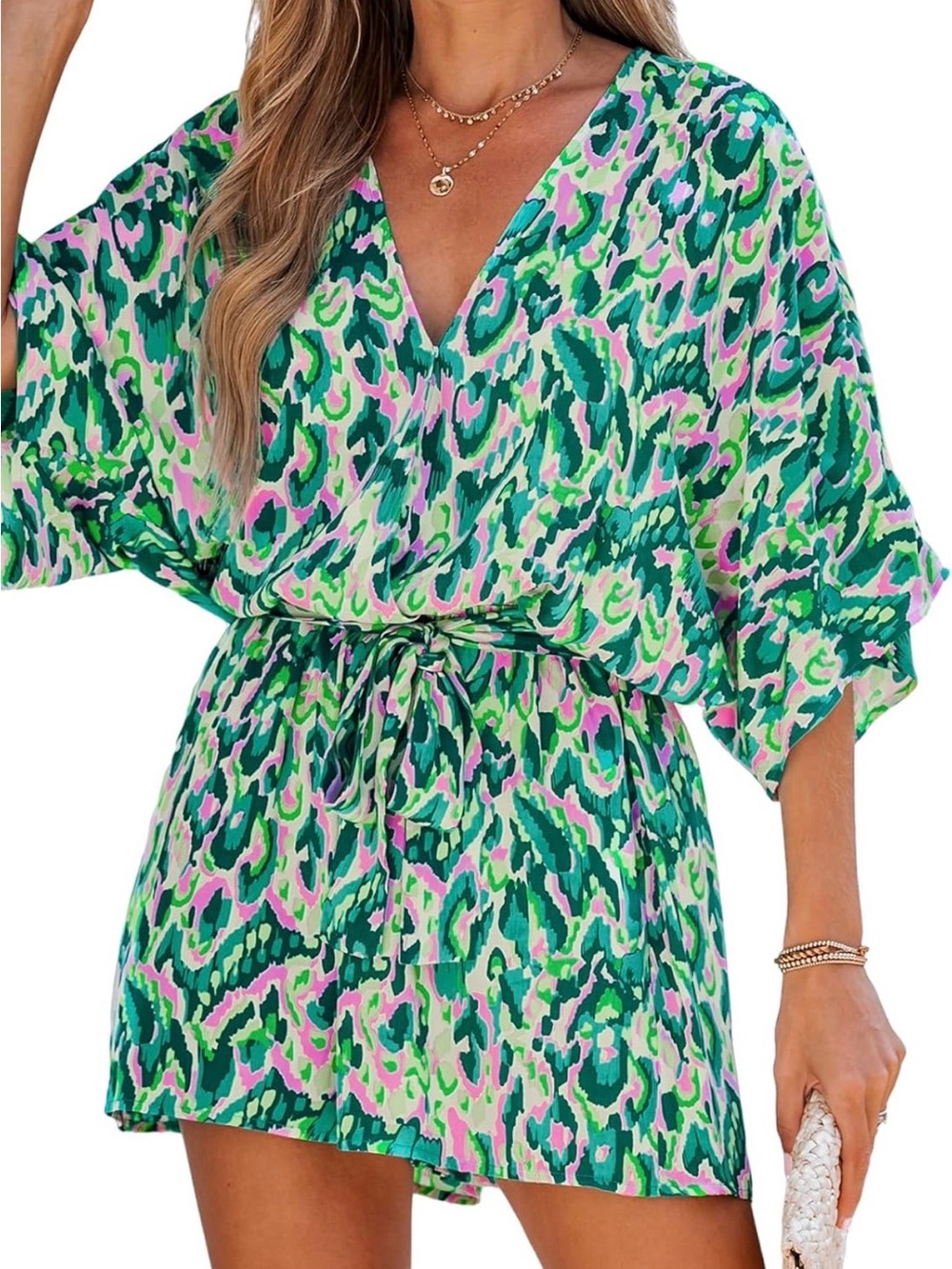 Cupshe Green & Pink Printed V-Neck Swim Cover-Up with Tie Waist